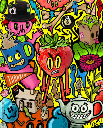 Vibrant, quirky characters and objects burst with playful energy on a bright yellow background, perfect for dynamic designs.