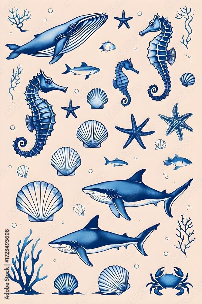 Seamless pattern with sea animals blue ink