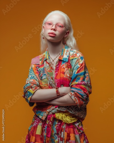 Stylish Portrait of Confidence: A fashionable individual with striking albinism poses with crossed arms, emanating an aura of confidence against a vibrant orange backdrop.