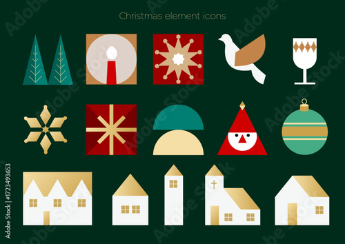 クリスマス要素アイコンと家の街並みセット｜イラスト ベクター