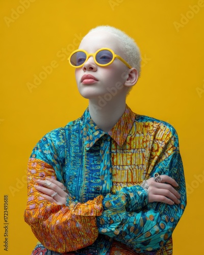 Radiant Individuality: Portrait of an extraordinary individual with striking features, showcasing a unique blend of style and confidence against a vibrant backdrop.