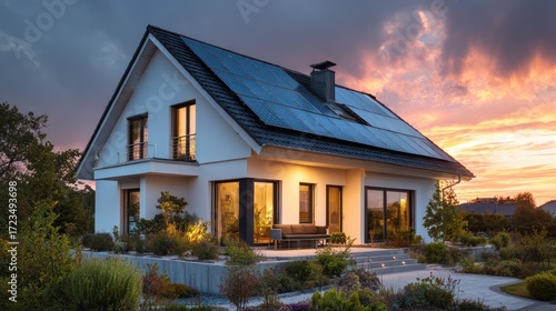 Modern house with solar panels at sunset in a serene landscape