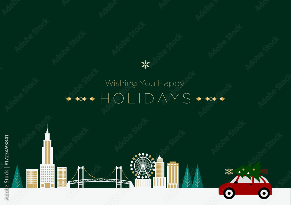 Obraz premium クリスマス、冬のホリデーカード、都市、夜景と橋、観覧車、赤い車とツリー コピースペース｜イラスト ベクター
