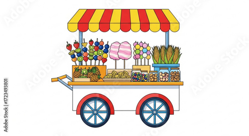 Street food cart vendor selling fruit skewers cotton candy and corn on the cob illustration vector design