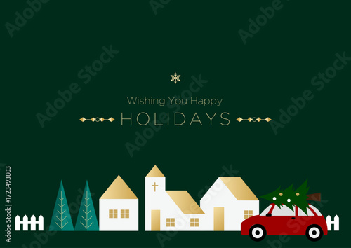 クリスマス 冬のホリデーカード、家並と赤い車の背景｜イラスト ベクター