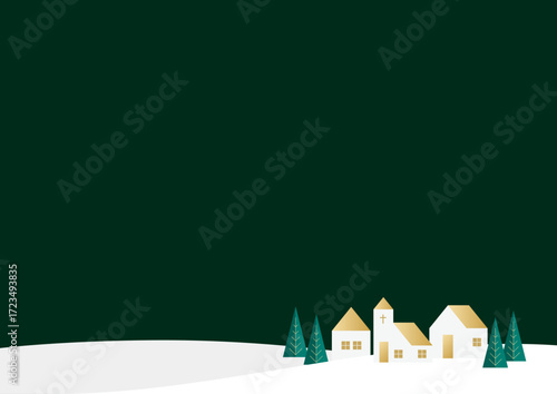 冬のホリデーカード、雪景色の村とツリーの背景｜イラスト ベクター
