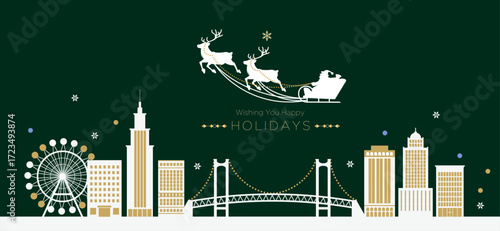 クリスマス,冬のホリデーカード,サンタのソリとトナカイ,都市夜景と橋,観覧車,コピースペース｜イラスト ベクター