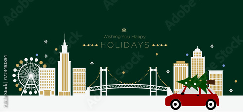 クリスマス、冬のホリデーカード、都市、夜景と橋、観覧車、赤い車とツリー コピースペース｜イラスト ベクター