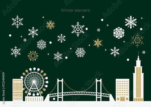 雪の結晶と年のイラストセット。クリスマス、イラスト、ベクター