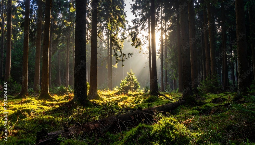 Obraz premium Sunlight beams through forest