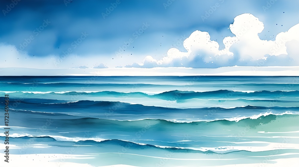 Fototapeta premium Blue ocean with clouds in the sky illustration watercolor