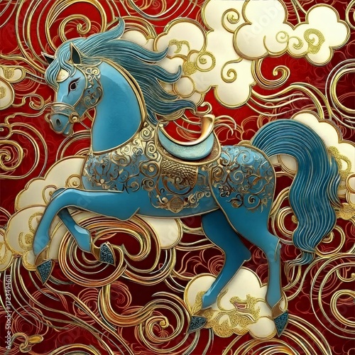 青い馬の装飾的なデザインの赤い背景