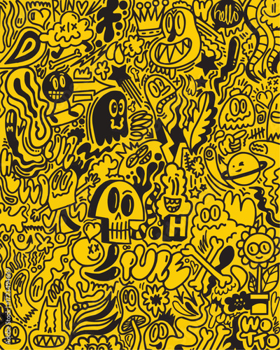 Vibrant doodle art explosion with quirky characters, skulls, and playful elements creating an energetic, modern, and fun visual experience