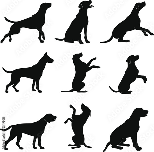 Vector art of set of dog silhouettes featuring various breeds in sitting, running, and howling poses, perfect for illustrating canine behavior and petrelated themes