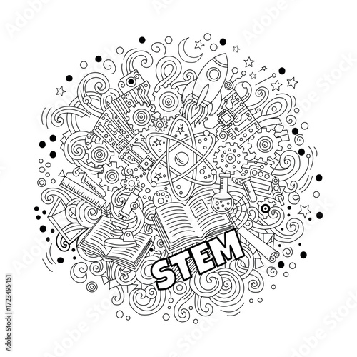 Creative STEM Doodle Illustration Featuring Science, Technology, Engineering, and Mathematics Concepts