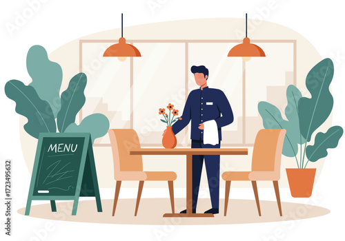 A male waiter is tidying up the customer's table to ensure it is neat and clean, vector illustration design