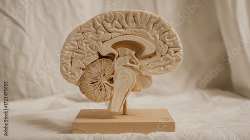 Realistic Brain Model Displayed on a Wooden Base for Education Purposes
