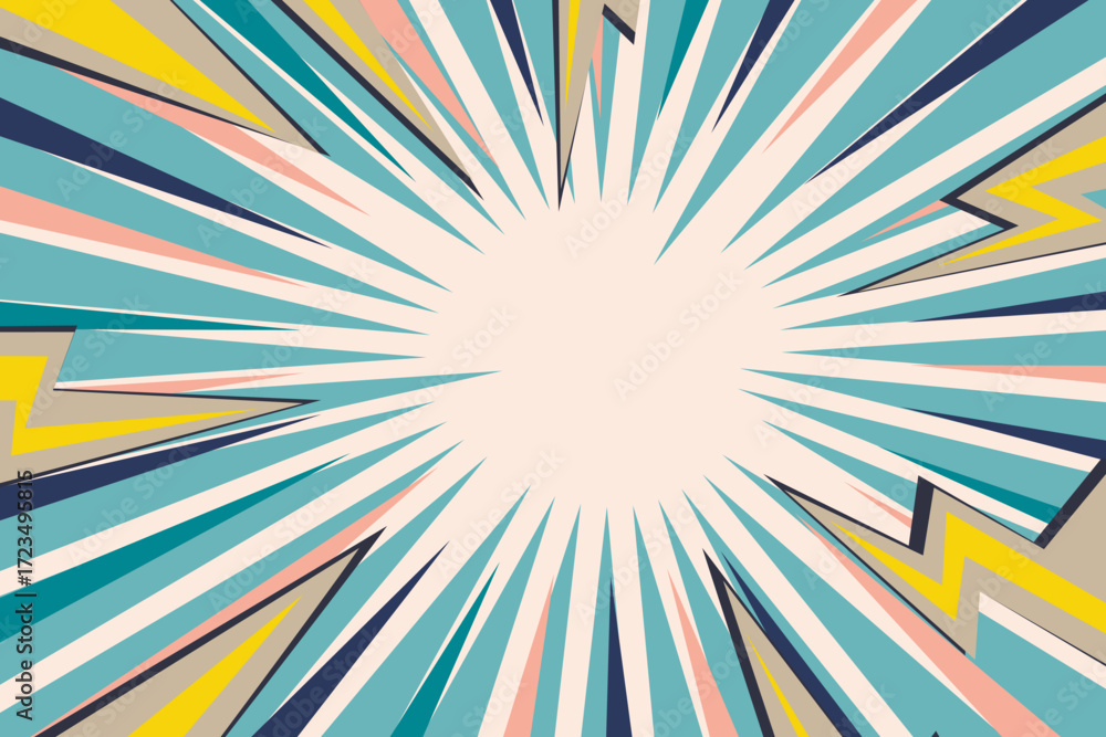 Fototapeta premium Pop art radial colorful comics book magazine cover. Striped color digital background with thunder flash. Cartoon funny retro pattern strip mock up. Vector halftone illustration. Sunburst shape.