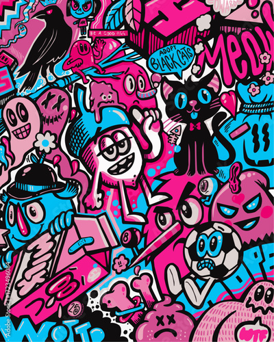 Vibrant, playful characters and abstract shapes explode in a dynamic, modern doodle art style bursting with energetic pink and blue tones.