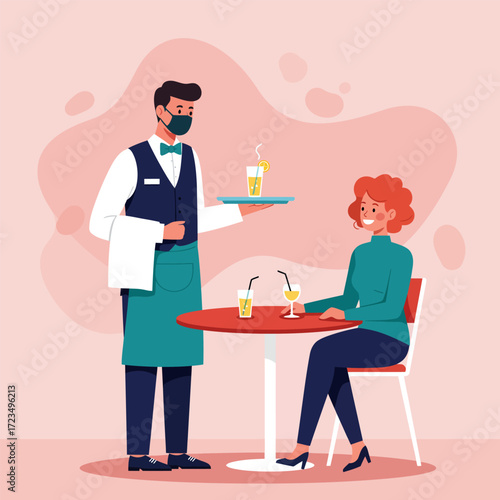 Vector Illustration of a waiter wearing a mask serving customers