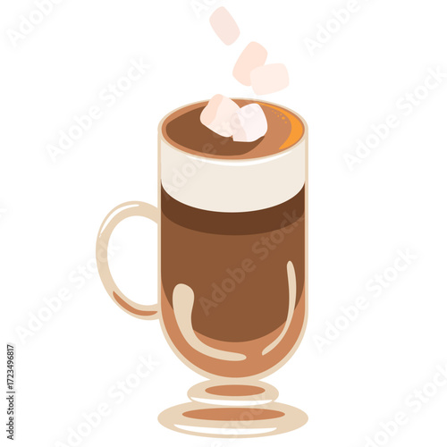 Glass mug with hot cocoa and marshmallows, warm winter drink.