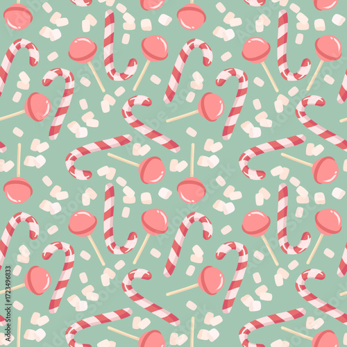 Seamless pattern with candy canes, lollipops and marshmallows on pastel background.