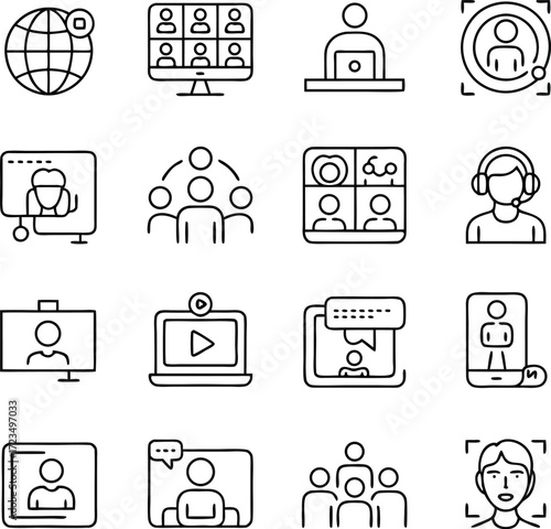 Online Meeting and Video Conference Line Icon Set