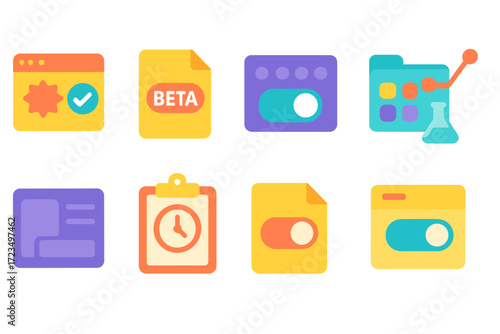 Technology dashboard flat icon set. software, app management icons collection