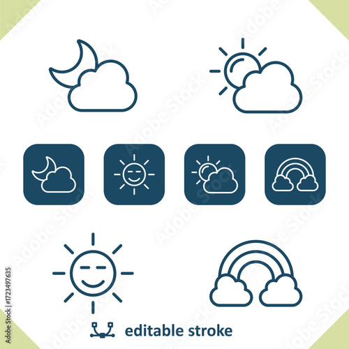 Weather Icons. Cloud, Moon, Sun, Sunny, Rainbow