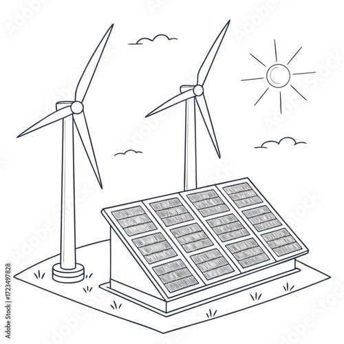 A simple line drawing illustration of wind turbines and solar panels under a bright sun and clouds