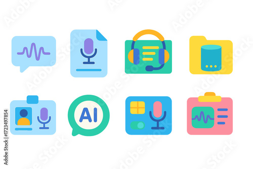 Voice recognition flat icon set. ai, speech-to-text, audio technology flat collection.