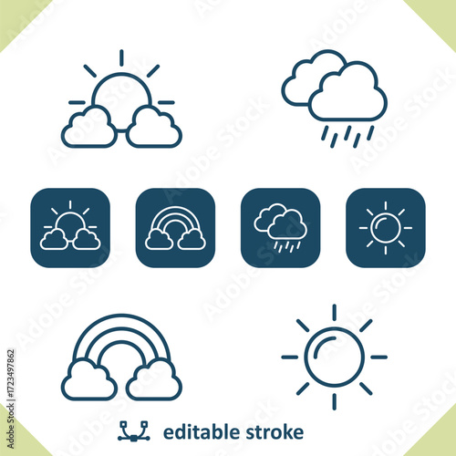 Weather Icons. Raining, Rain, Cloud, Sun, Rainbow