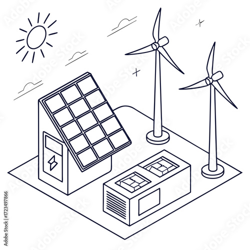 Clean energy concept with solar panels wind turbines and battery storage in a simple isometric line art illustration