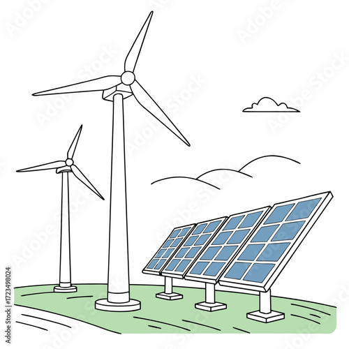 Clean energy landscape featuring wind turbines and solar panels under a cloudy sky with rolling hills