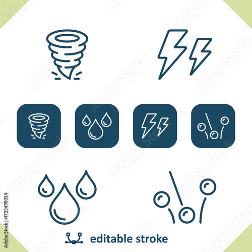 Weather Icons. Tornado, Twister, Lightning Bolt, Storm, Rain, Raining, Hail, Hailstone
