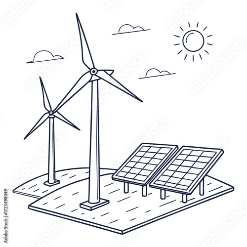 Clean energy landscape featuring wind turbines and solar panels under a bright sun and clouds