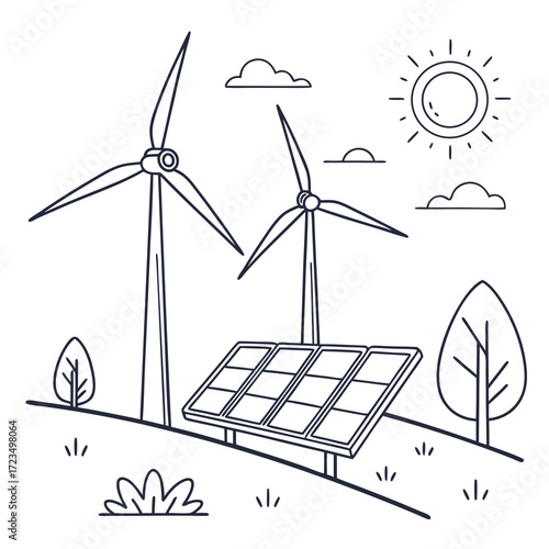 Clean energy landscape illustration featuring wind turbines and solar panels under a sunny sky with clouds and trees