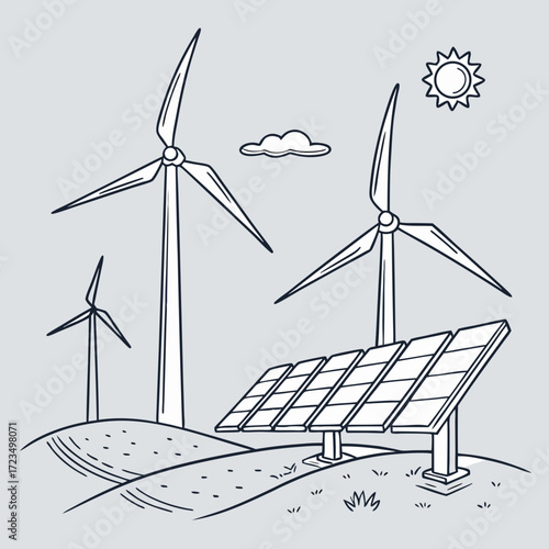 Clean energy landscape illustration featuring wind turbines and solar panels under a sunny sky with clouds