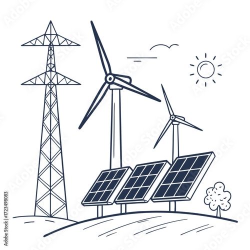 Clean energy landscape illustration featuring wind turbines solar panels and a power transmission tower under a sunny sky