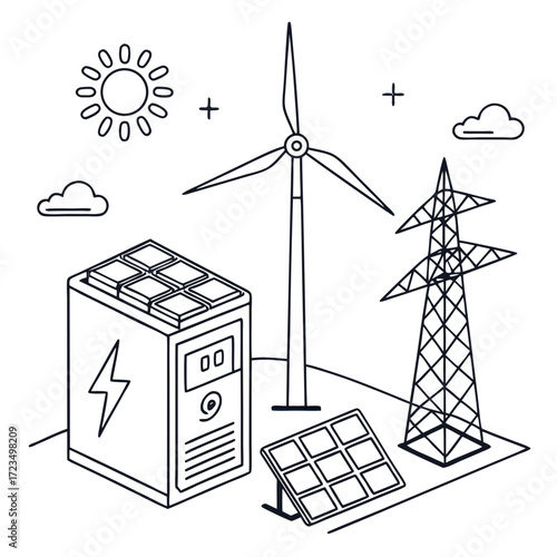 Clean energy sources including solar panels wind turbine and power lines in a simplified line art illustration