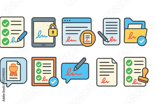 Document management flat icon set. file organization, approval, signature icons.