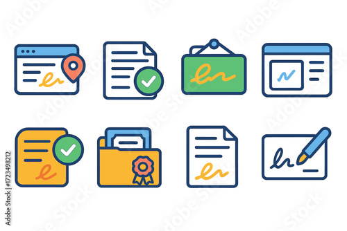 Document and signature outline icon set. verify, approve, file tracking outline icons.