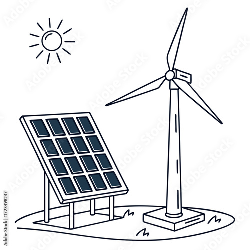 Clean energy sources solar panel and wind turbine under a bright sun symbolizing renewable power generation