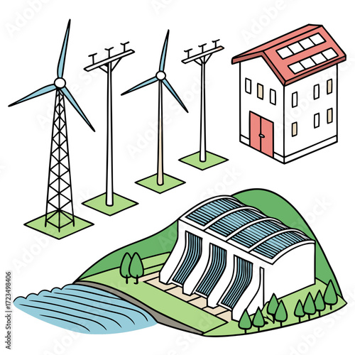 Collection of renewable energy sources including wind turbines a hydroelectric dam and solar panels on a house