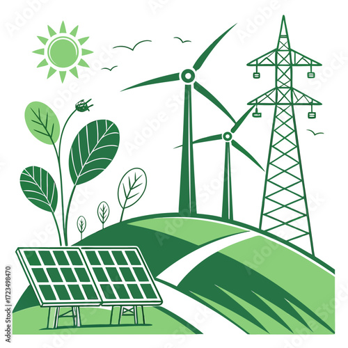 Green energy landscape featuring solar panels wind turbines and a power line tower under a bright sun