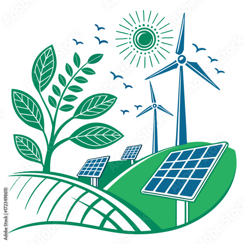 Green energy landscape with wind turbines solar panels a growing plant and birds flying under a bright sun