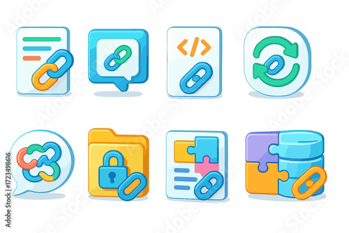 Link and connection icon set. colorful 3d icons for communication and security
