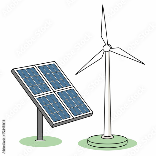 Illustration of a solar panel array and a wind turbine representing renewable energy sources on a white background