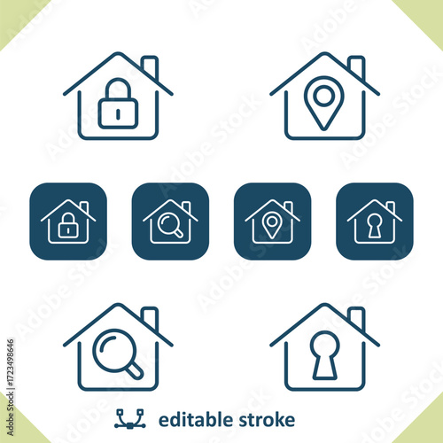 Real Estate Icons. House, Houses, Building, Lock, Location, Magnifier, Keyhole Icon