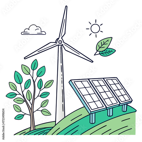 Illustration of renewable energy sources including a wind turbine and solar panels on a green hill with a tree and sun